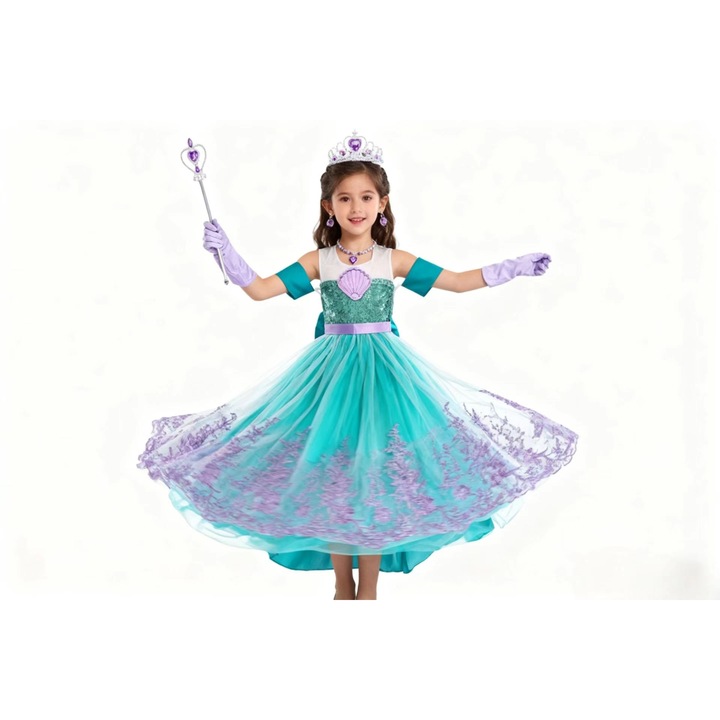 Rochie Printesa Sirena, ANUTETOUNI®, 11-12 ani, 150 cm, Halloween, Carnaval, Craciun, Paste, Ziua Copilului, Ziua Indragostitilor, Turcoaz