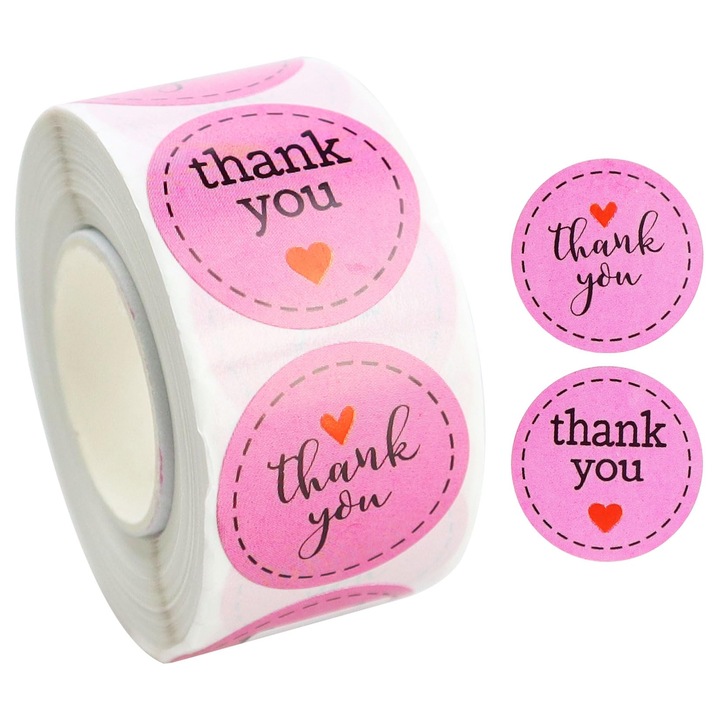 Stickere Roz 500 Buc., 8 Design-uri, 1 Inch, Aplicare Manuala pentru Ambalare, Etichete Patiserie, Sigilii Plicuri, Intreprinderi Mici