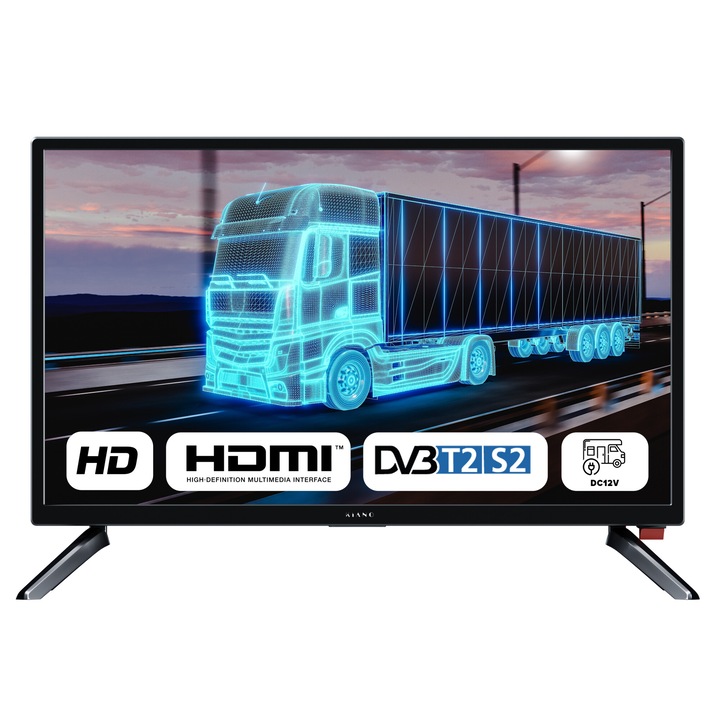 Kiano Slim TV Travel 19" Телевизор за камиони и каравани, LED HD TV, Зарядно за кола, HDMI USB, Dolby Audio, DVB-T2/S2 тунер, Черен
