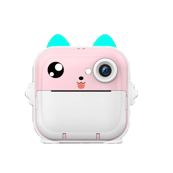 Детска камера, BUGHY'S, Мигновен термичен печат, Включени 3 хартиени ролки 57x27 мм, Поддържащ кабел, USB-C кабел, Bluetooth, iOS/Android съвместим, Розов