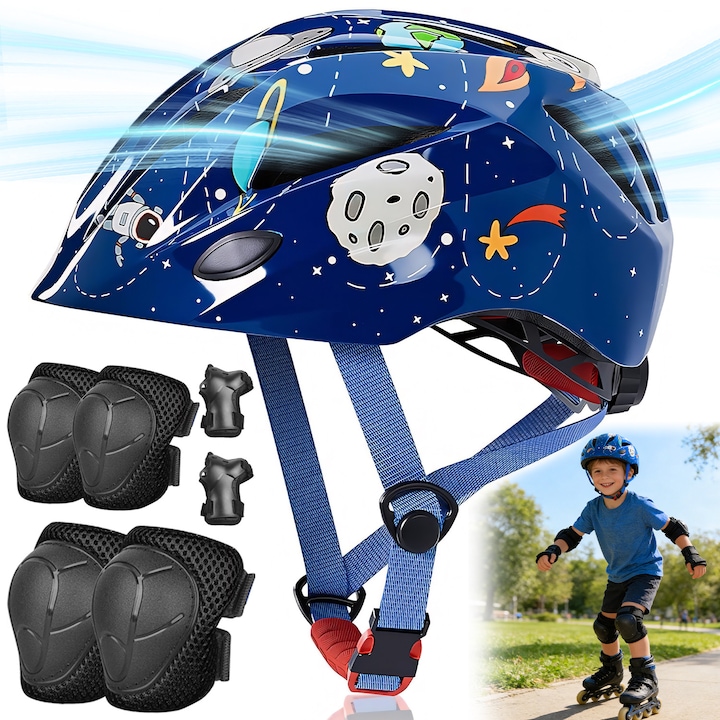 Set Protectie Pentru Copii, BYONDSELF®, cu Genunchiere, Cotiere si Aparatori Incheieturi, 52-56cm Reglabila, PC/EPS, Albastru