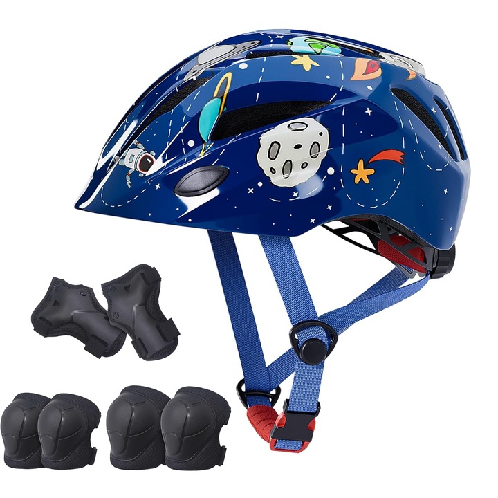 Защитна каска за велосипед, BYONDSELF, с наколенки, налакътници и предпазители за китките, 52-56 см регулируема, PC/EPS, синя
