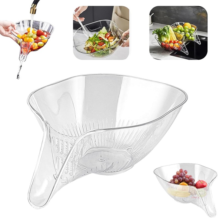 Galeata de scurgere multifunctionala cu capacitate mare, filtru de drenaj pentru legume si fructe, transparent, utilizare in bucatarie，23x18x10cm