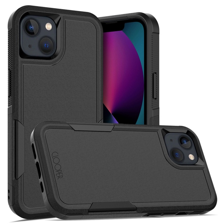 Husa Armor CLOOPER™, Compatibila iPhone 15, Policarbonat/TPU, Rezistenta la socuri si zgarieturi, Protectie 360°, 2 x Protectie ecran, 2 x Protectie camere, Negru