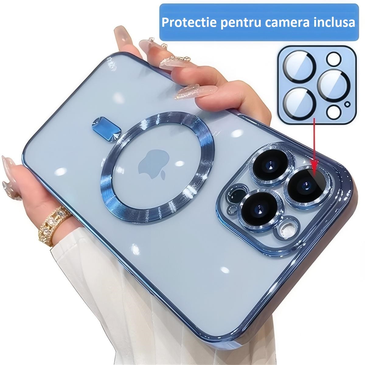 Husa telefon CLOOPER™, Compatibila iPhone 15 Pro, tip MagSafe, Rezistenta la socuri si zgarieturi, Transparenta, Sky Blue