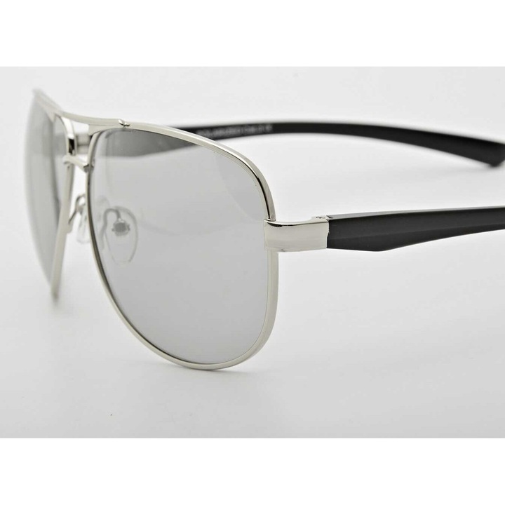Ochelari de soare, PolarZone, Metal, Design aviator, Lentile polarizate, 13.5 x 5.1 cm, Argintiu