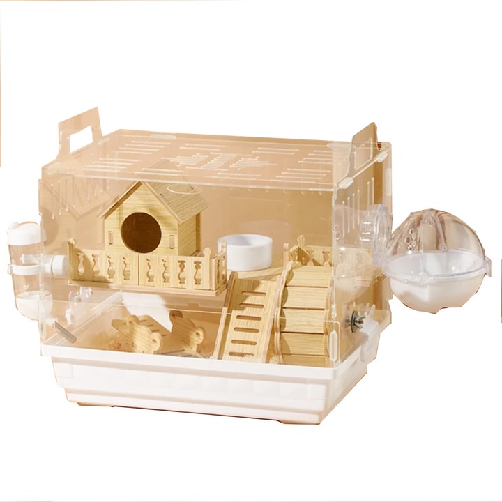 Cusca acrilica pentru hamsteri, cu accesorii din lemn, 2 niveluri, alb, 35x26x27, 5 cm