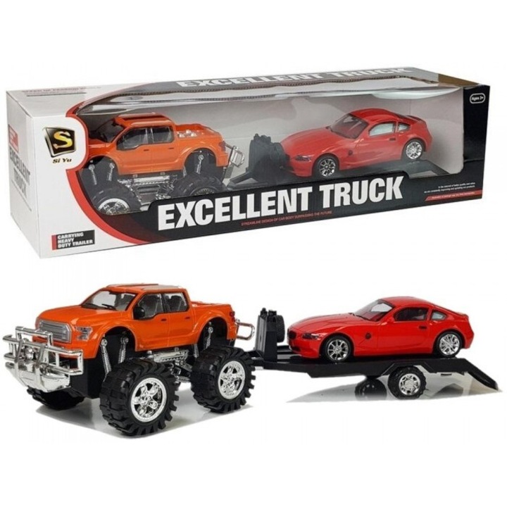 Комплект от 2 автомобила Monster Truck с транспортен аксесоар, LeanToys, многоцветен, пластмаса, +3 години, 30x58см