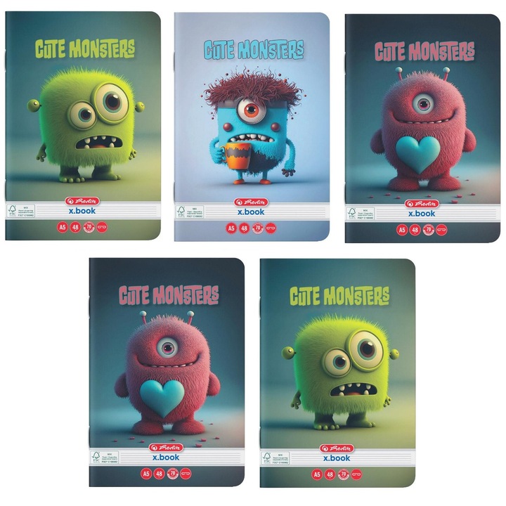 Set 5 caiete Herlitz A5, 48 file, hartie 70 g/mp, dictando, motiv Cute Monster