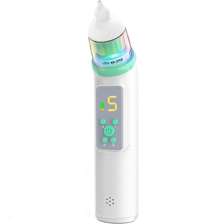 Aspirator Nazal electric, Silentios, Portabil, cu Incarcare USB, 5 Trepte de Aspirare, Putere Aspirare 68kPa, 3 Capete de Silicon, LEIISVK, alb