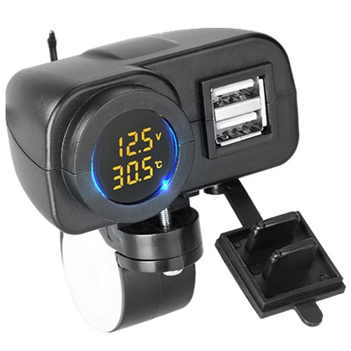 Зарядно устройство за телефон Sundiguer, 3 в 1, USB, волтметър, черно, стойка за кормило или огледало