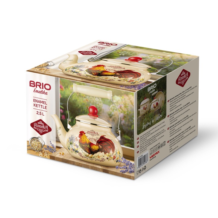 Емайлиран чайник Brio Emaliкa, бежов, 2.5л, декор ПЕТЕЛ