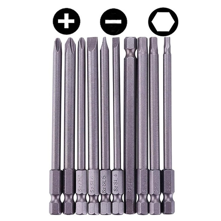 Set 10 biti magnetici pentru surubelnita, varfuri diverse, 100mm, argintiu
