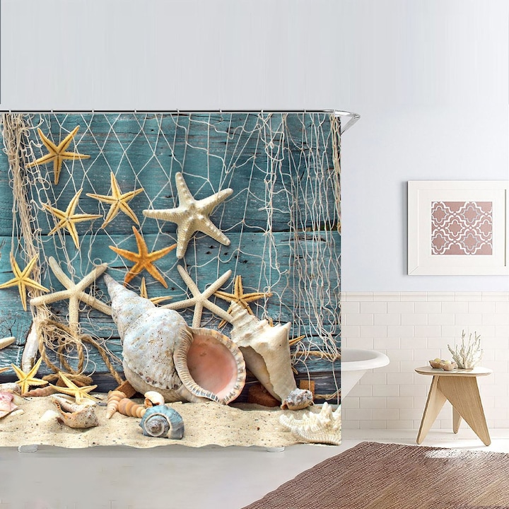 Perdea Dus din PEVA Stele de Mare Scoici Plasa 180x180cm