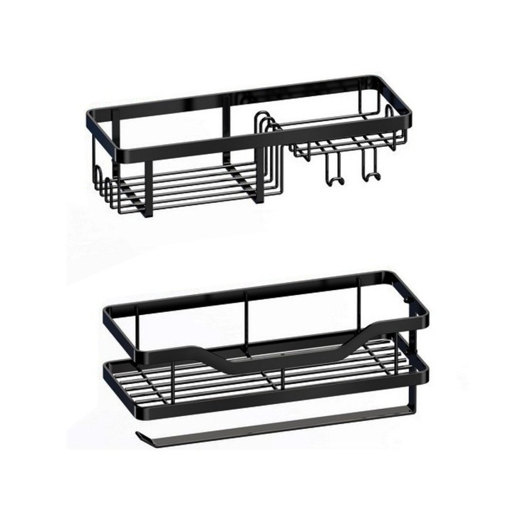 Set 2 rafturi pentru baie, fara gaurire negre, rezistente la rugina cu 6 carlige