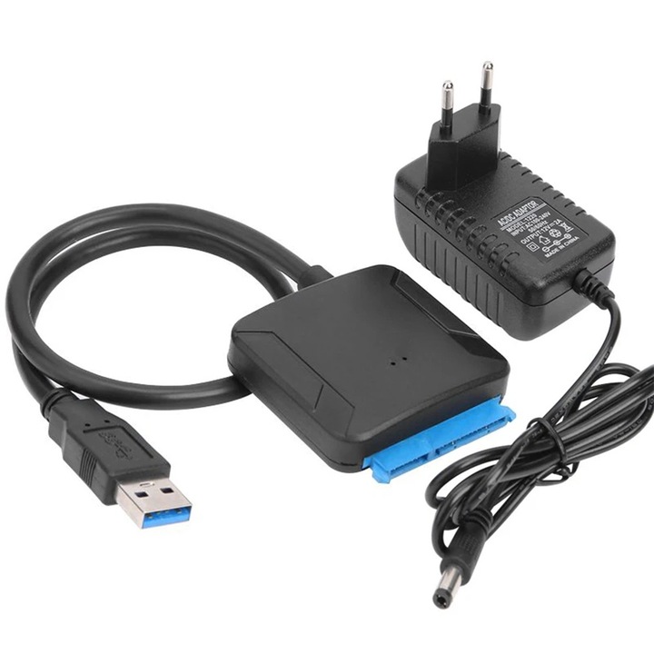 Cablu adaptor USB 3.0 SATA, Bolongking®, pentru HDD/SSD Converter 2.5/3.5 inch, plug and play, cu sursa de alimentare inclusa, 40CM, Negru/Albastru