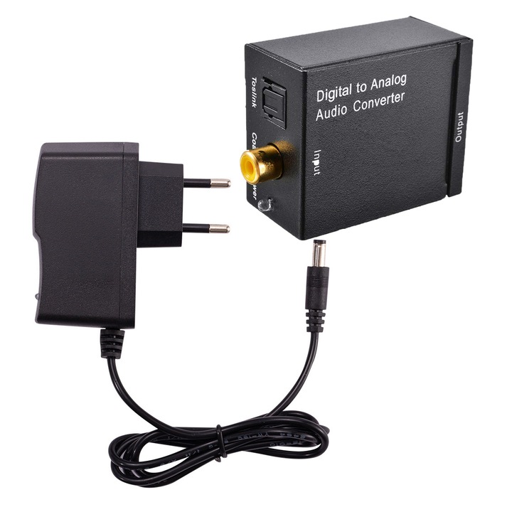 SPDIF Toslink оптичен цифров към аналогов аудио конвертор, Bolongking®, 2 RCA + 3,5 мм жак, 5V захранване, оптичен кабел, черен
