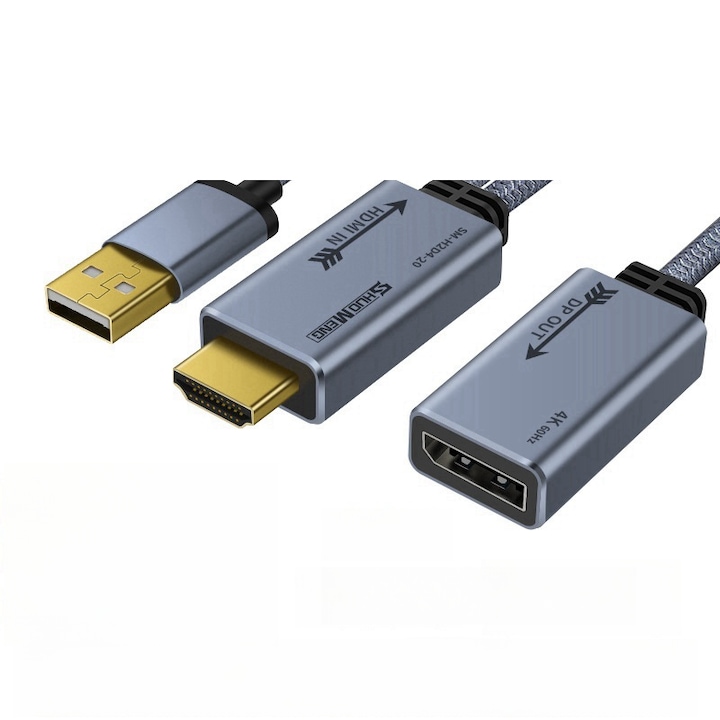 Адаптерен кабел, HDMI 4K към Display Port, 4K60HZ, 2K144HZ, 0.2 м, Еднопосочен, Сив
