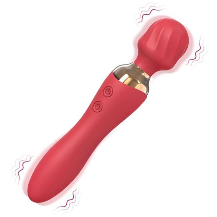 Masszírozó típusú vibrátor, Yingyun, Dupla fej vibráció, 10 frekvencia, USB töltés, Puha és sima orvosi szilikon, 19,7x3,7 cm, Piros