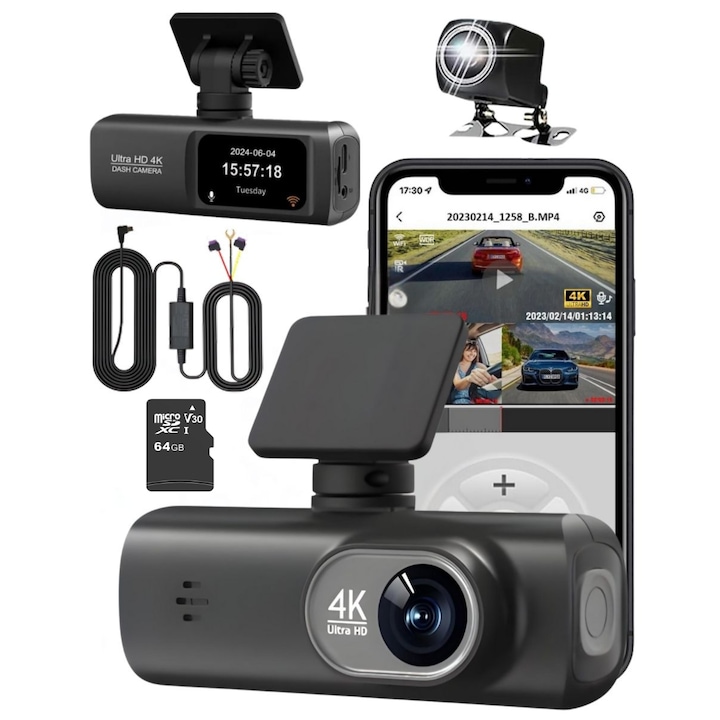 Versatyx® Dual Car DVR kamera, 4K elöl 2K hátul, G érzékelő, 64 GB-os kártya, 24 órás védőkábel, WiFi kapcsolat, Super Night Vision, 170°-os ultraszéles látómező, hurokrögzítés, 128 GB-os kártyakapacitás