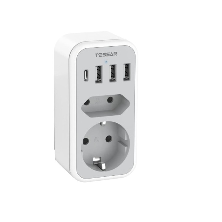 Adaptor TESSAN pentru USA, Canada, Mexic, cu 3 USB si 1 USB C, priza tip B, Alb