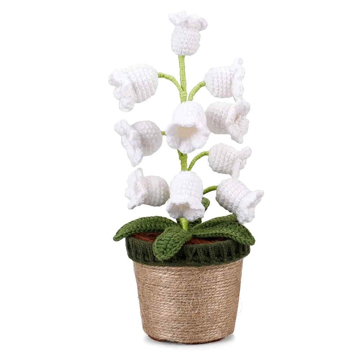 Lampa de noapte orhidee crosetata cu LED, suport ratan, alb, 20x15cm