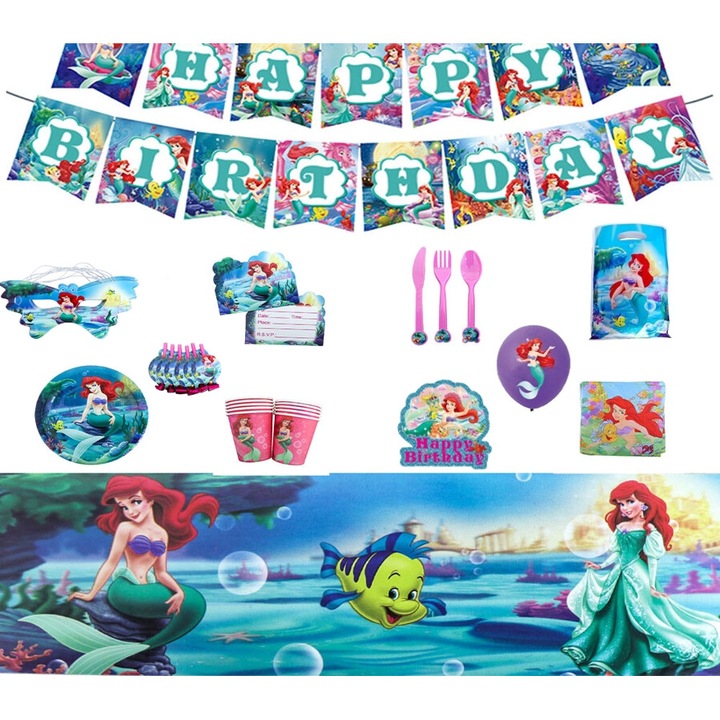 Set Festiv Sirena 127 Piese - Decoratiuni Subacvatice cu Farfurii, Baloane, Cupa Cristal & Accesorii Magice