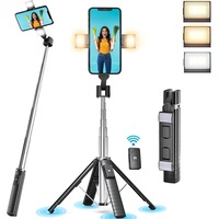 Selfie stick pentru telefon, trepied, cu 2 lumini LED, 1.04 m, extensibil, telecomanda Bluetooth detasabila, 3 moduri de lumina, 9 niveluri de intensitate, compatibil cu toate iPhone si Android, negru