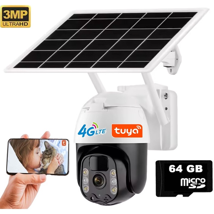 Камера за видеонаблюдение със соларен панел и SIM карта, QuTek, 4G връзка, FULL HD, соларен панел 7, 5W включени батерии 7800mah, интелигентно проследяване, PTZ, Micro SD, Ротация, Аларма за движение, отлична за изолирани места, за открито и закрито