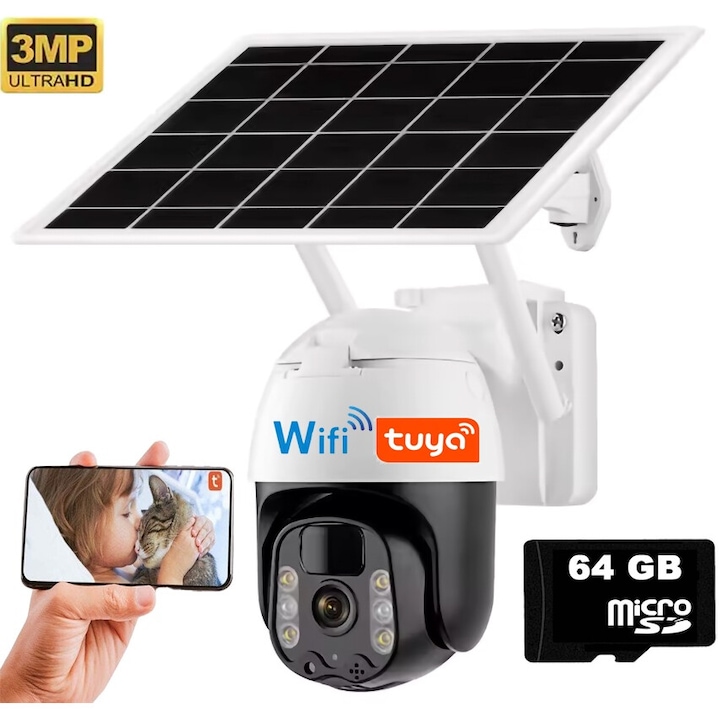 Камера за видеонаблюдение със соларен панел, QuTek, WiFI, FULL HD, соларен панел 7, 5W батерии включени 7800mah, интелигентно проследяване, PTZ, Micro SD, за закрито и открито