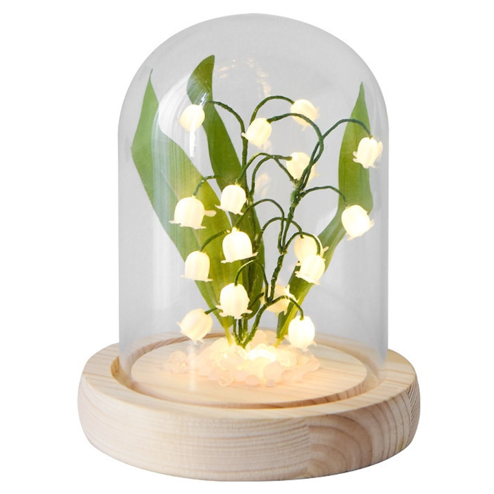 Lampa de masa decorativa, Model floare, Sticla/Lemn, 11.5x14cm, Alb/Verde