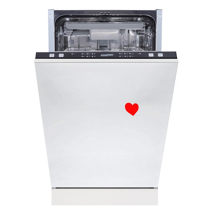 HOMEFORT HMGB0421B Beépíthető mosogatógép, bútorlap nélkül, 10 teríték, 9 L fogyasztás, 6 program, 47 dB zajszint, D energiaosztály, Felső evőeszköztartó, 45 cm, Digit. kijelző nélkül, Automata ajtónyitással