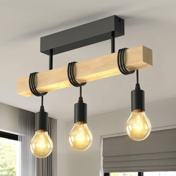 Висящ полилей, индустриален винтидж, 3 лампи, черен, дървен, регулируем кабел