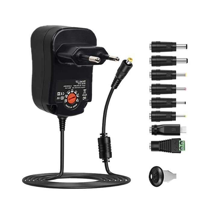 Alimentator Stabilizat Reglabil, 3V-12V, protectie completa, 8 mufe incluse, adaptor multi-tensiune, AC to DC, negru