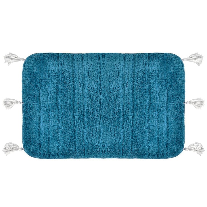 Téglalap Alakú Fürdőszobaszőnyeg, Rojtos, Petrol Színű, Mérete 60x40cm, Összetétele 60% Pamut 40% Poliészter, MYONNA IT & E- COMMERCE ®