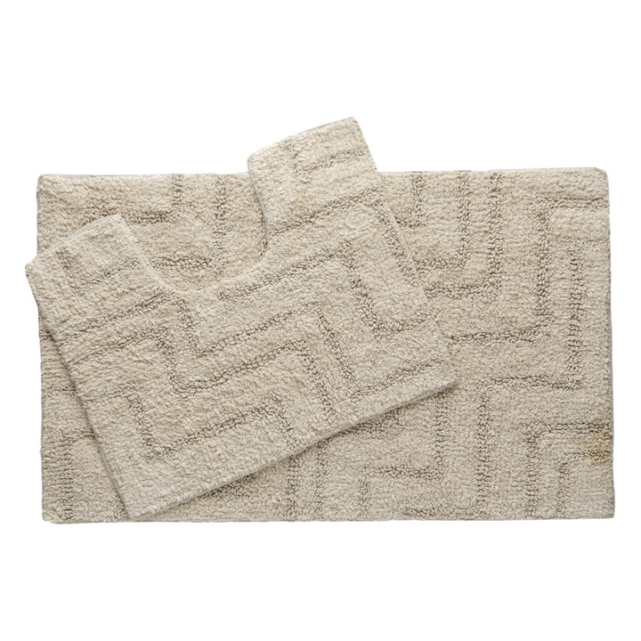 Set covoras baie si covoras WC, bej, antiderapant, poliester/bumbac, 80x50cm si 50x40cm