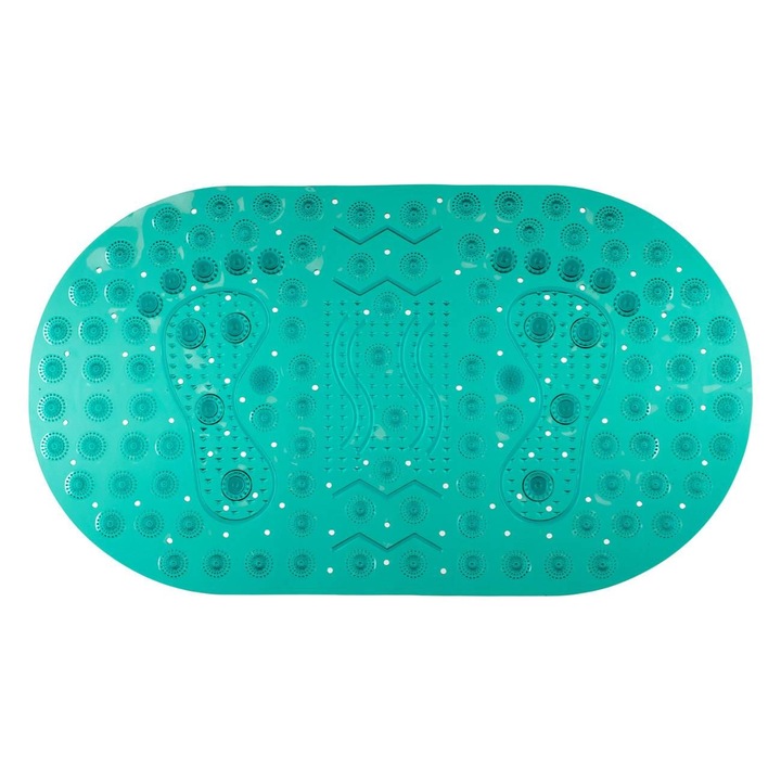 Covoras pentru baie antiderapant Shopiens®, model turcoaz cu forma pentru talpi, 68 x 35 cm