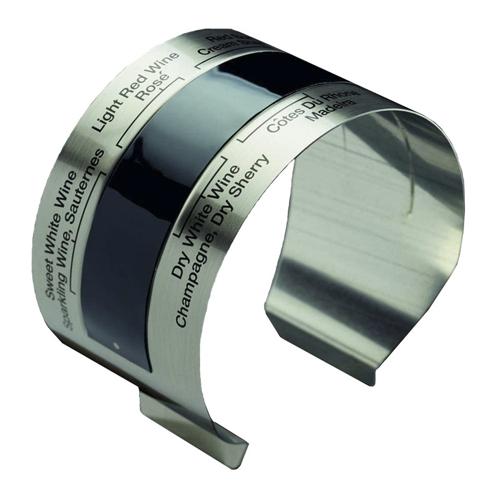 Termometru tip brau metalic, AB Luxury Concept®, destinat sticlelor de vin, afisaj digital, inox, indicatori intre +4 - 24 °C, argintiu, fixare pe sticla