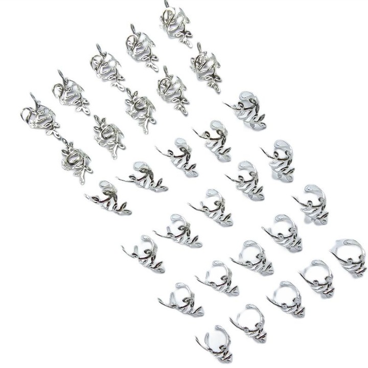 Set 30 inele par mici frunze argintii, metal, accesorii par