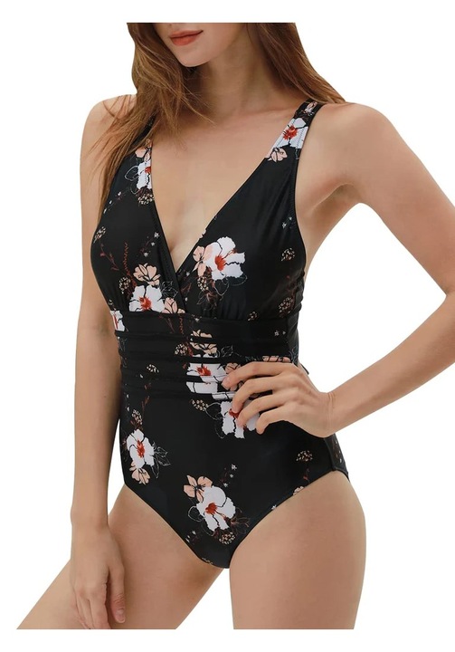 Egyrészes fürdőruha hálós nyakkivágással, Fekete/Narancssárga