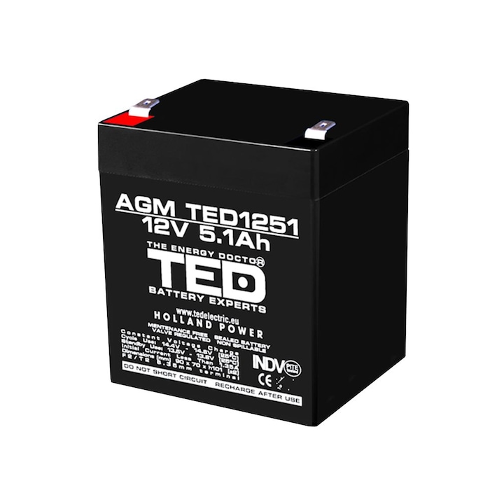 Оловна батерия TED ELECTRIC, AGM, 12V, 5Ah, 90/ 70/ 10 1mm, Терминал 2