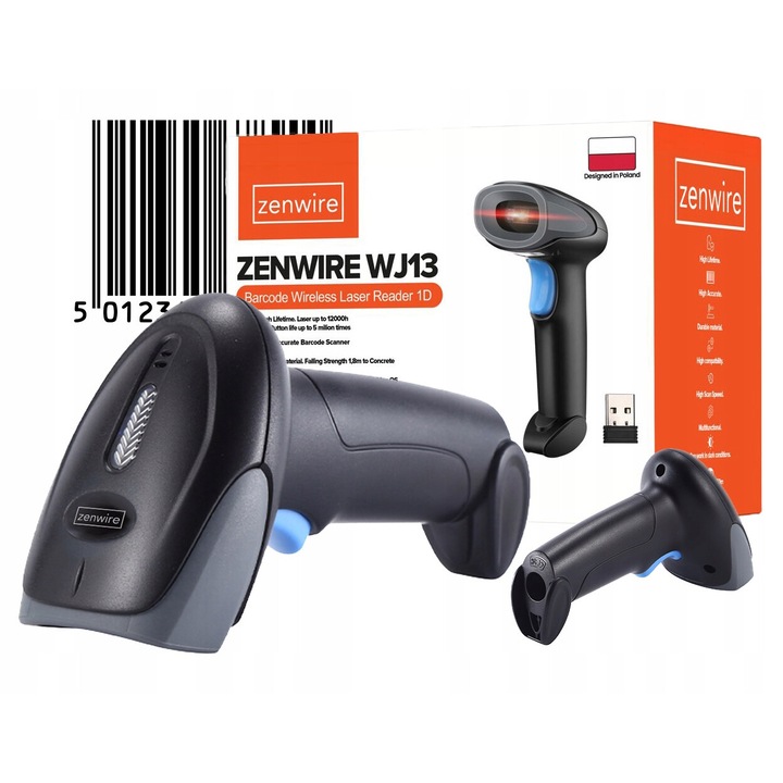 Лазерен баркод четец/скенер, Zenwire, WJ13, до 150m, 3mil, 1D EAN и QR, до 350 сканирания в секунда, съвместим с всички складови софтуери, съвместим с Windows / MAC OS / Android / Linux
