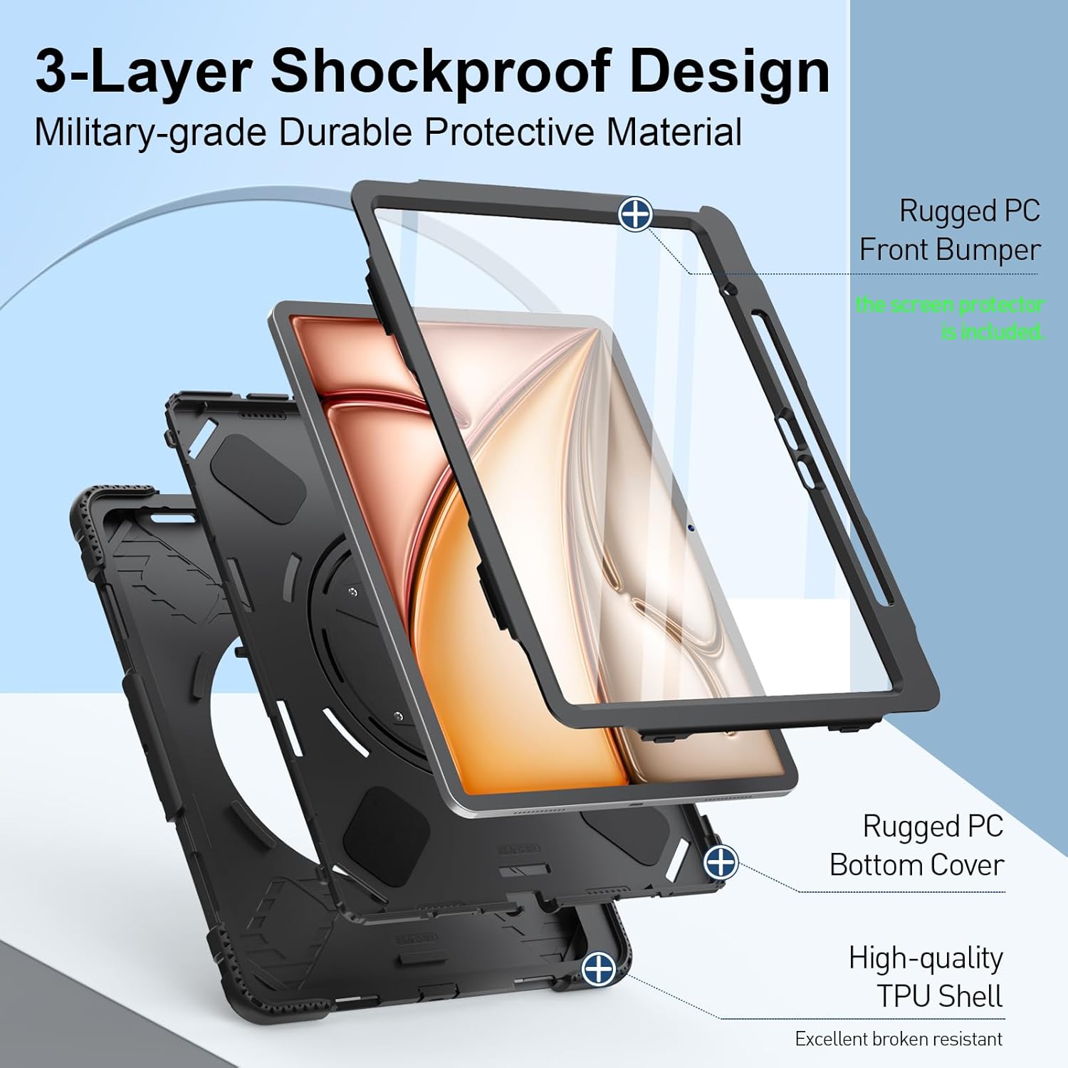 Pachet 360: Husa cu folie integrata pentru iPad Air 11 2024 / 2025 M2, M3 Shockproof Armor de tip stand negru