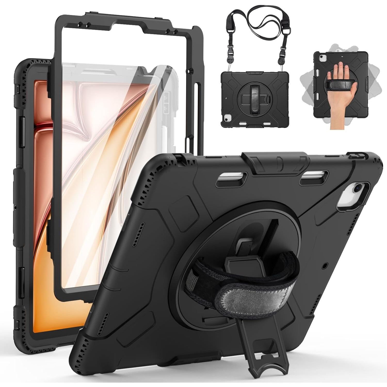 Pachet 360: Husa cu folie integrata pentru iPad Air 11 2024 / 2025 M2, M3 Shockproof Armor de tip stand negru