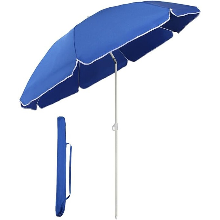 Umbrela de plaja Sekey, 1.6m cu husa, reglabil pe inaltime si unghi, ideala pentru balcon, gradina si terasa, albastru