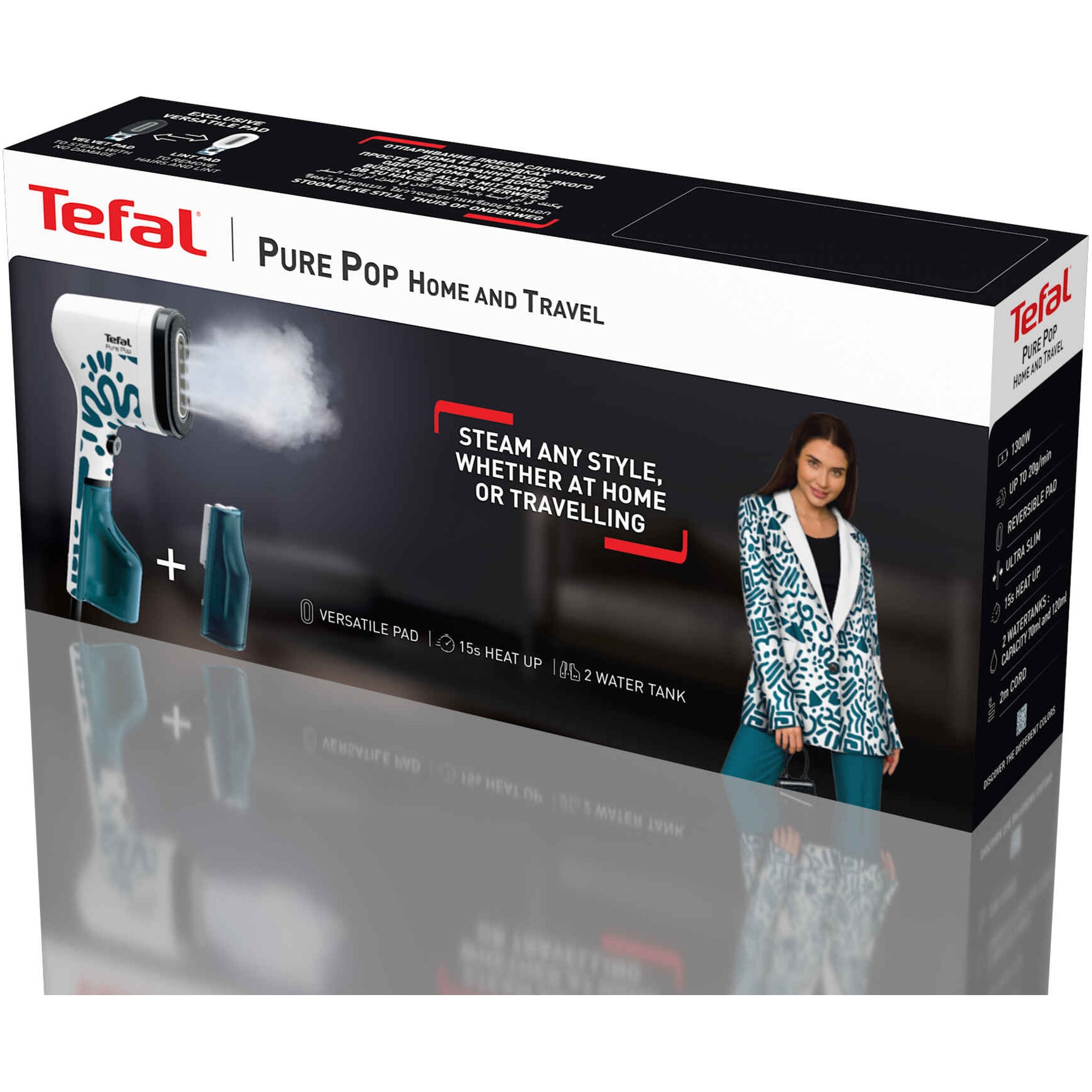 Aparat de calcat vertical cu abur Tefal Pure Pop, DT2040E1, 1300 W, abur variabil pana la 20 g/min, 2recipiente apa 70ml si 120ml, gata de utilizare in 15s, albastru/alb