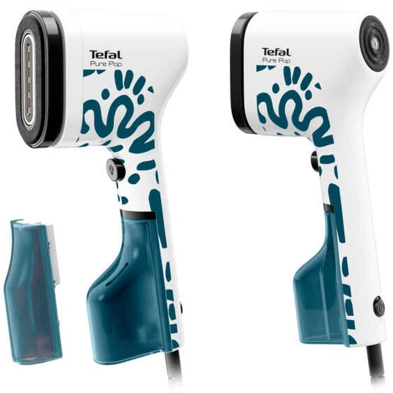 Aparat de calcat vertical cu abur Tefal Pure Pop, DT2040E1, 1300 W, abur variabil pana la 20 g/min, 2recipiente apa 70ml si 120ml, gata de utilizare in 15s, albastru/alb