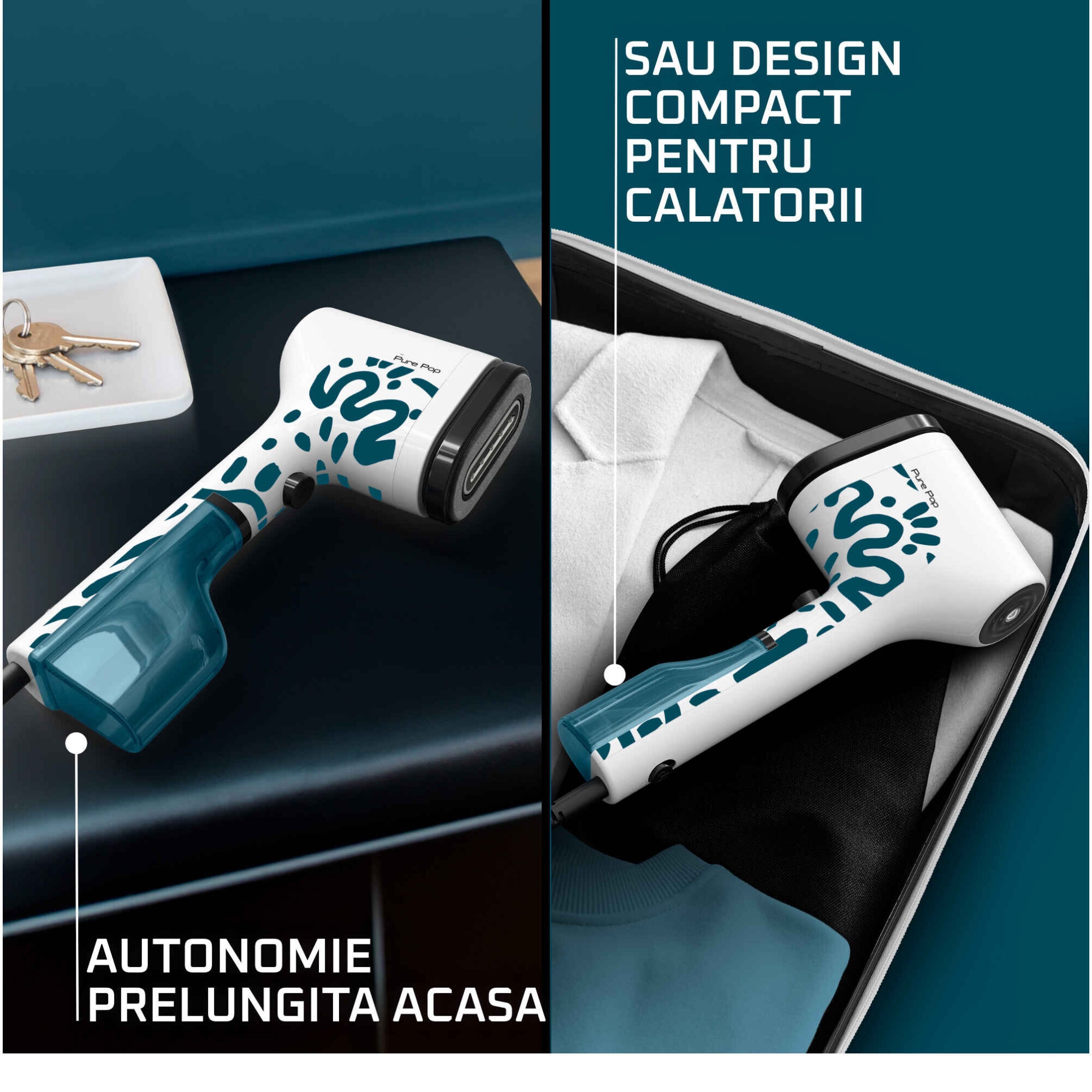 Aparat de calcat vertical cu abur Tefal Pure Pop, DT2040E1, 1300 W, abur variabil pana la 20 g/min, 2recipiente apa 70ml si 120ml, gata de utilizare in 15s, albastru/alb