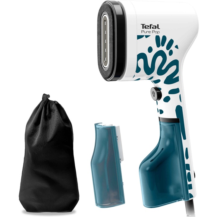 Уред за вертикално гладене с пара Tefal Pure Pop, DT2040E1, 1300 W, Променлива пара до 20 г/мин, 2 Контейнера за вода 70 мл и 120 мл, Готов за употреба след 15 сек, Син/Бял