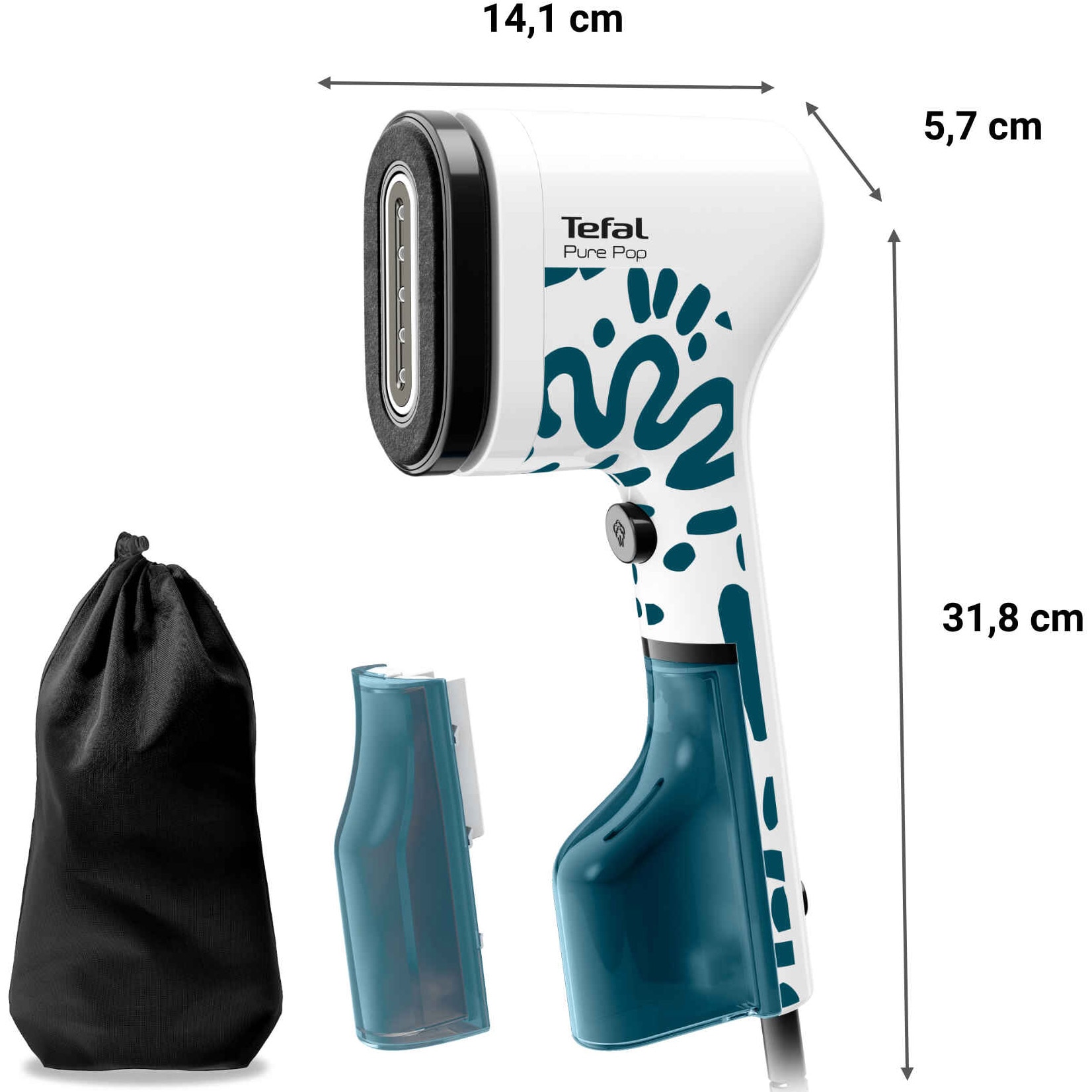 Aparat de calcat vertical cu abur Tefal Pure Pop, DT2040E1, 1300 W, abur variabil pana la 20 g/min, 2recipiente apa 70ml si 120ml, gata de utilizare in 15s, albastru/alb